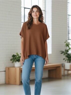 Falechay Waffle Knit Short Sleeve Top Womens Medium NWT Brown Loose Flowy